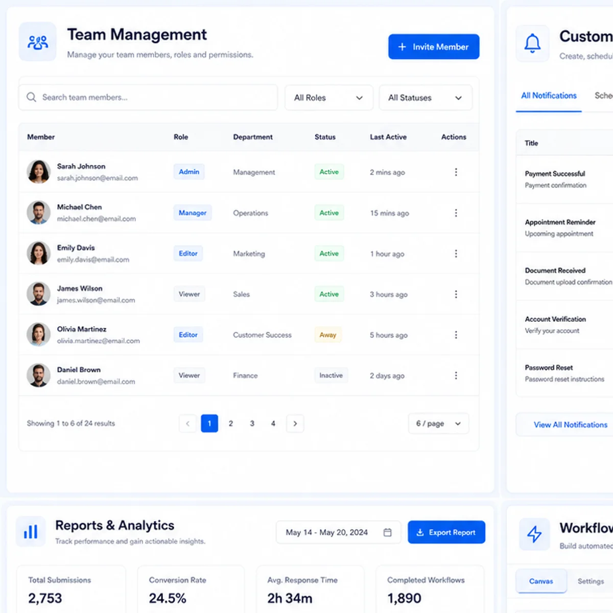 Team Management system for a business website